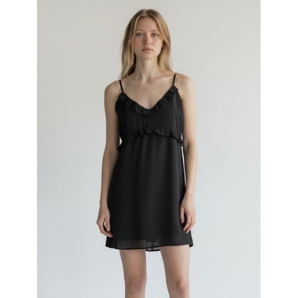 Honey Punch NEW Black Ruffle V-Neck Tie Straps Size L Mini Slip Dress